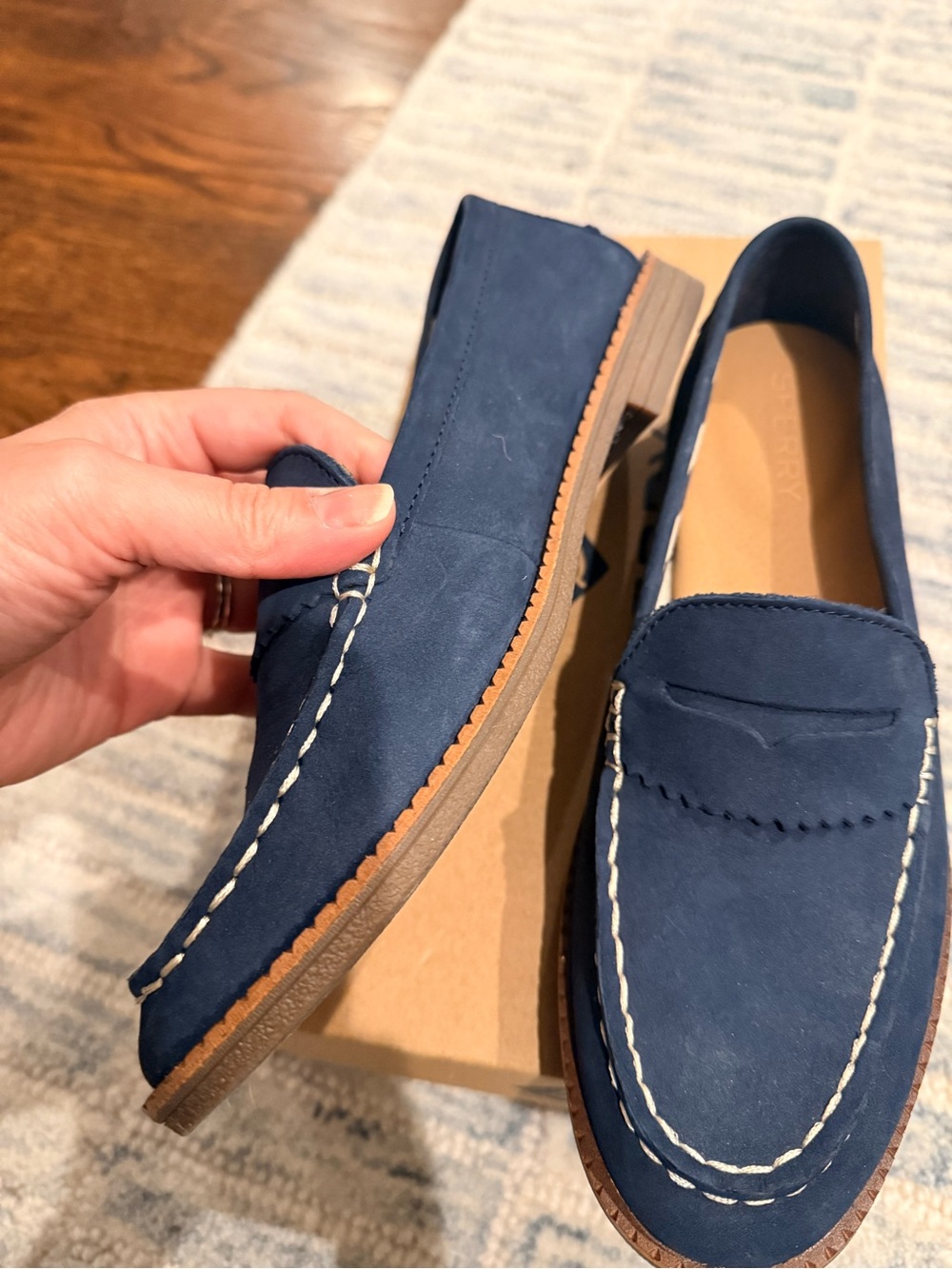 Sperry Navy Suede Penny Loafers with White Stitching 6.5 seaport leather - Picture 2 of 4